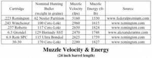 A chart showing muzzle velocity and energy for several cartridges