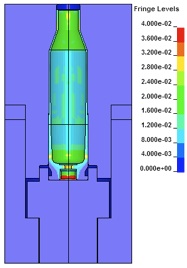 Cross-section of case in typical .243 Winchester chamber showing fringes of plastic strain at the peak pressure of 57,400 psi.