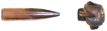 Figure C-1. Example expanded bullet. – 125 gr Nosler Partition® - The object pictured on the right does most of the penetration. We see that the expanded bullet is much shorter and possesses a lower sectional density. Photo courtesy of Steve Auger.